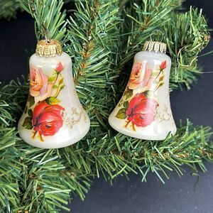 Two West Germany Christmas Bell Shaped Glass Ornaments Victorian Roses
